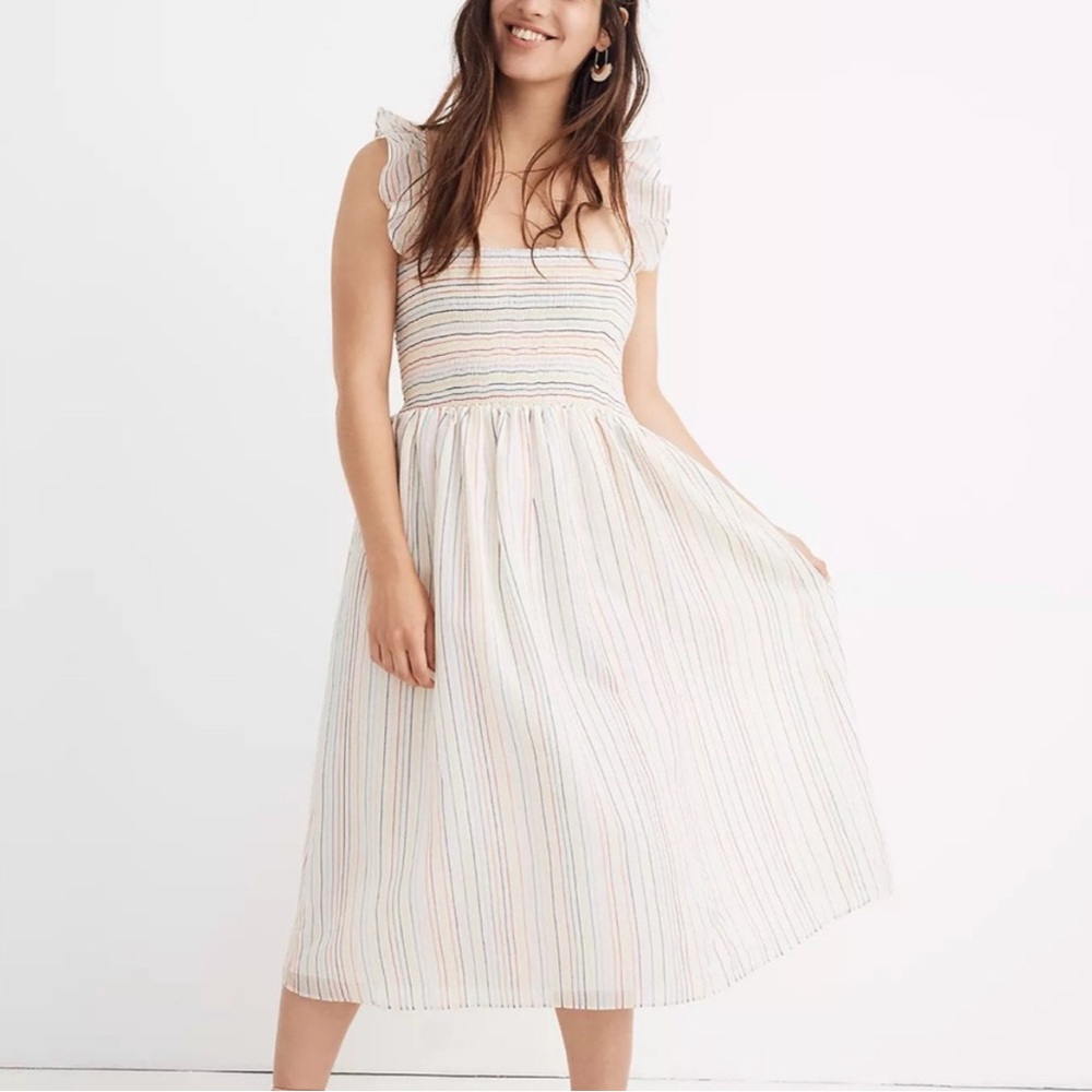 Madewell Tall Ruffle-Strap Smocked Dress in Rainbow Stripe